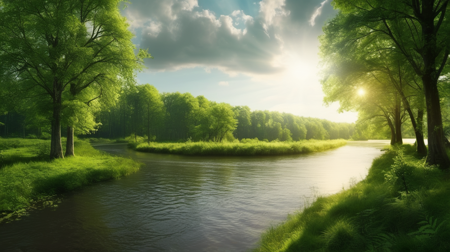 Green forest with a wide river in the middle, trees on both sides and sunlight shining in the distance
