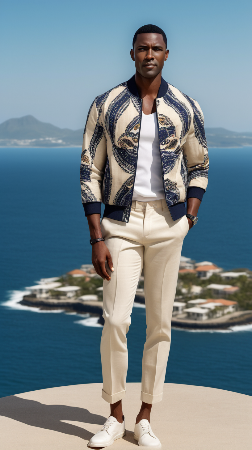 Firm, handsome, black, man wearing short, black hair, wearing, cream African print, 3/4 jacket, wearing, navy, linen trousers, sunny Island in the background, 4k, high definition, full resolution, replicated