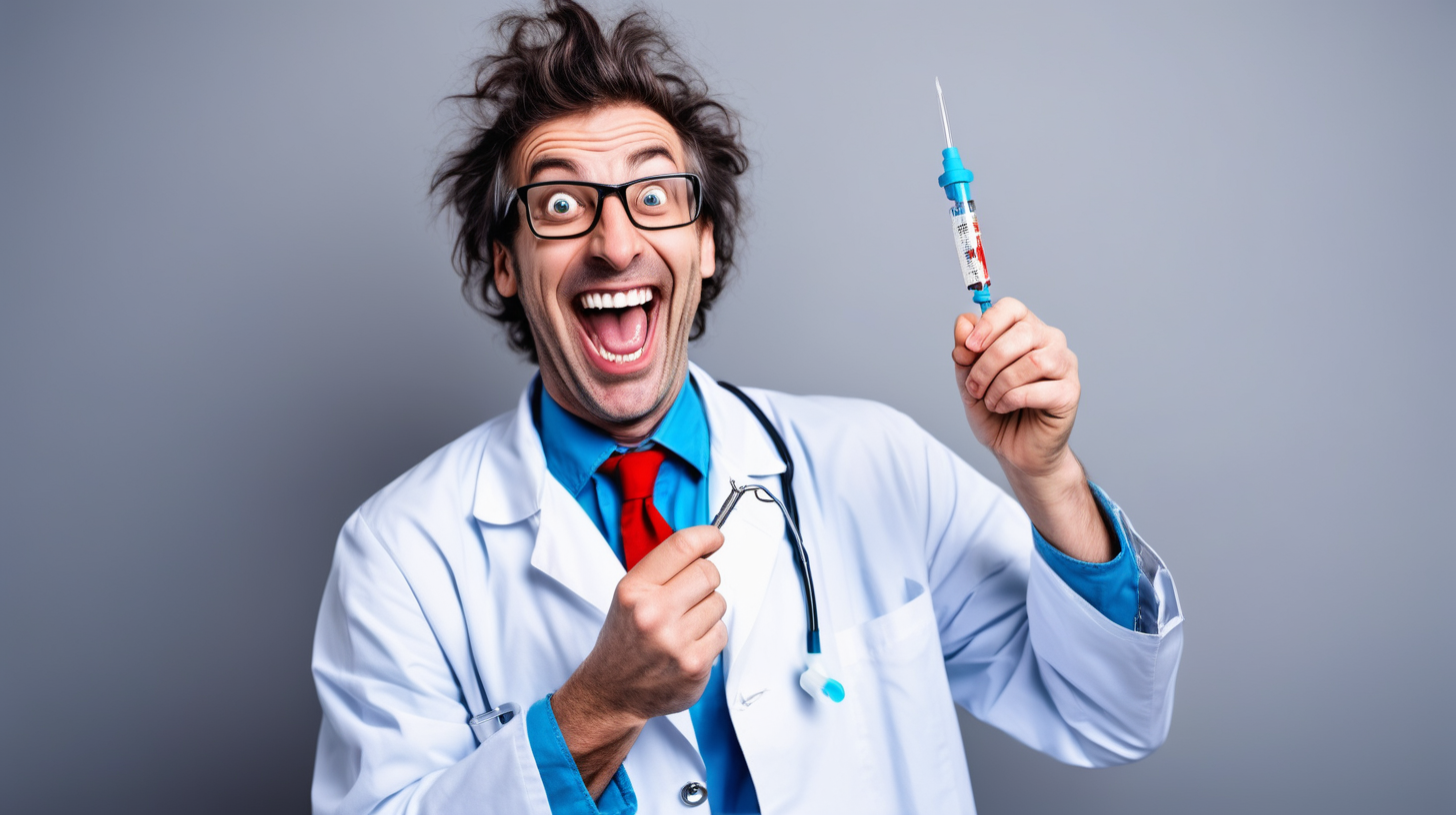 crazy doctor laughing holding a syringe