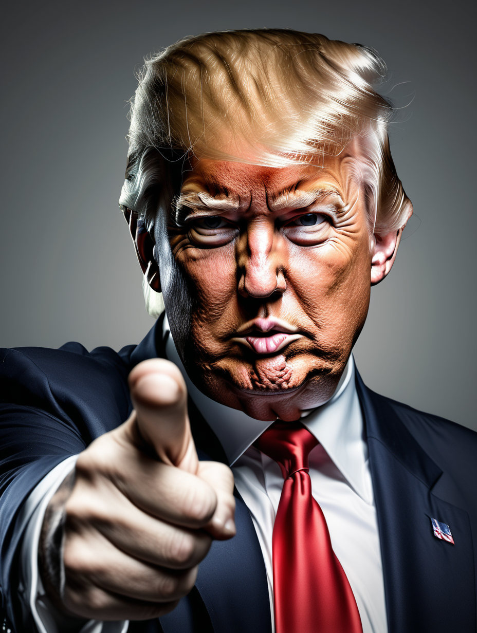 create a realistic portrait of Donald Trump pointing