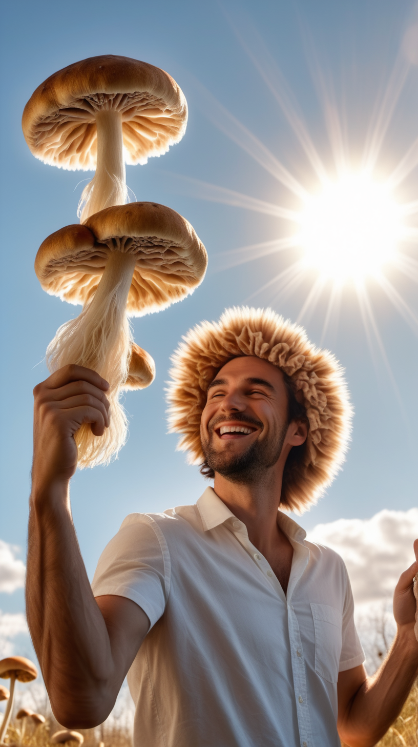handsome man smiling holding lions mane mushrooms into the sky with the sun shining 4k