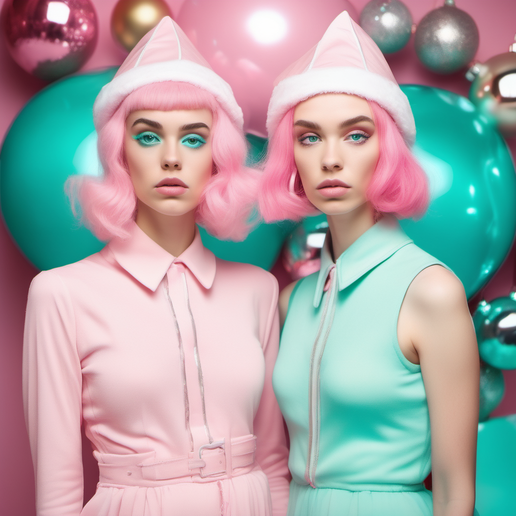 Ethereal editorial retro future twin woman at a new christmas party, pastel colours beautiful innocent woman, pink, aqua, dressed as a Christmas elf 

