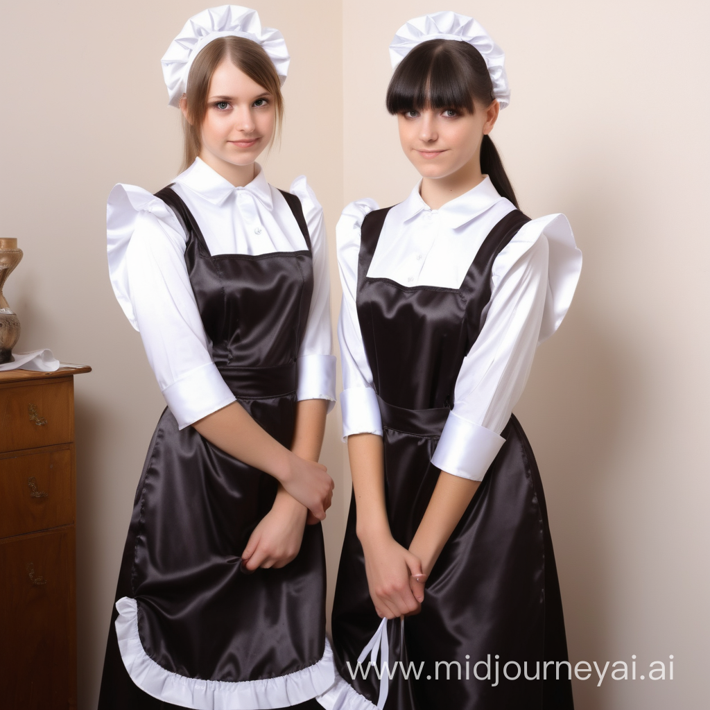 Two girls in satin long maid uniforms