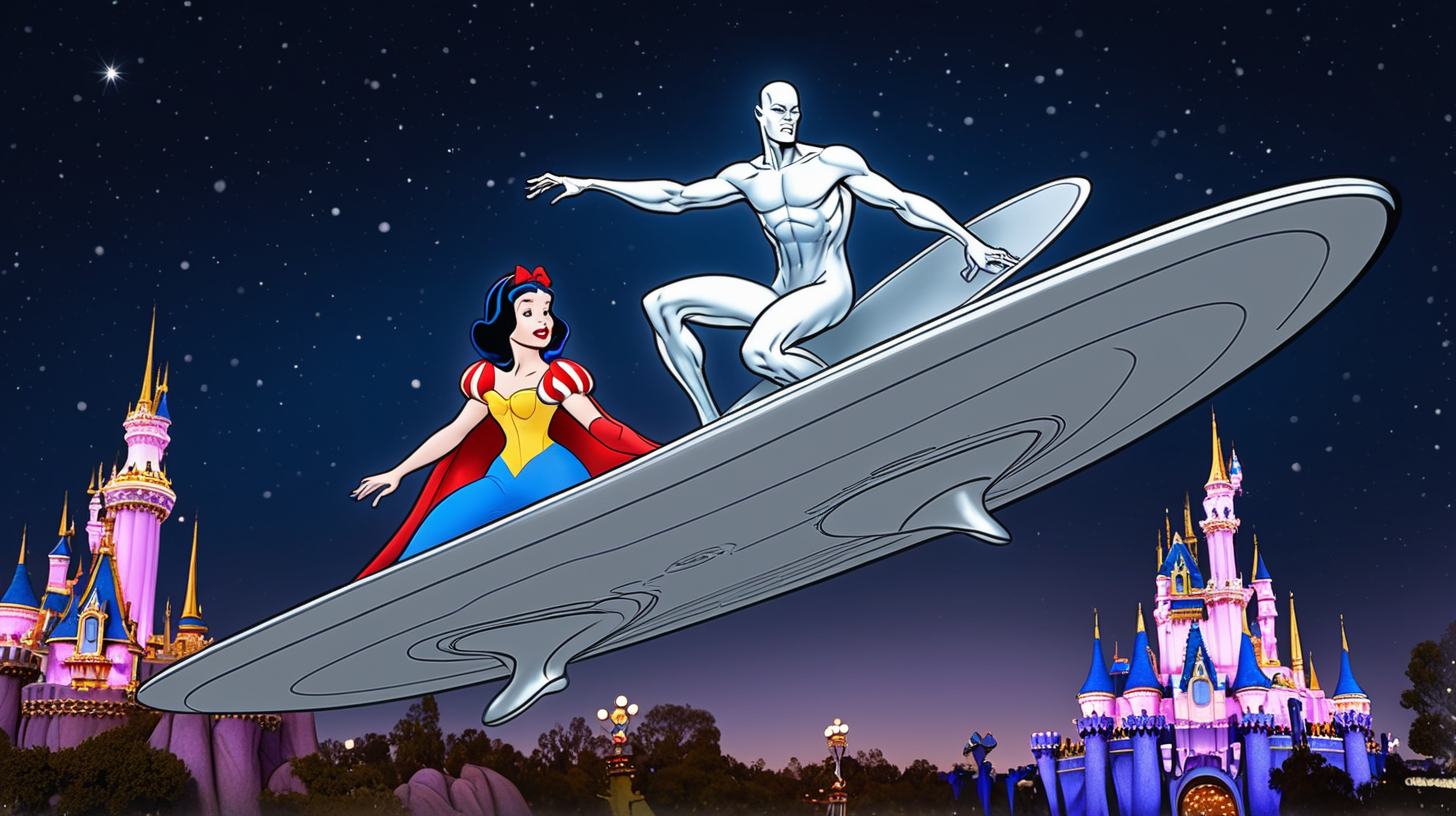 The silver surfer flying over Disneyland with Snow