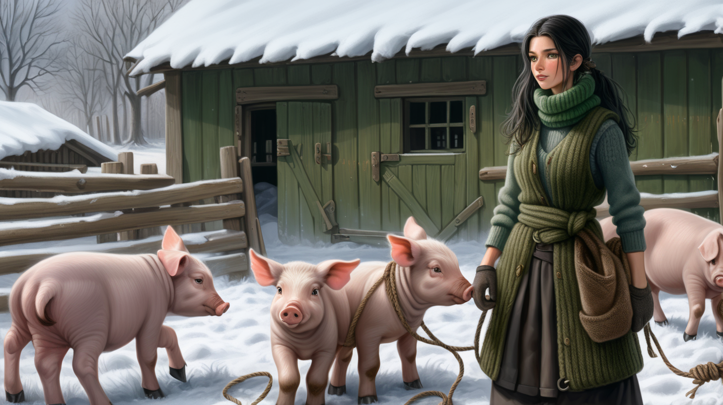 A beautiful peasant woman with long black hair and green eyes works in the pen in front of the barn. Around her are piglets - small and pink. Everything is in mud. The barn is surrounded by a fence of old wooden posts and wire mesh. It's winter, everything is covered with a thick layer of snow. Mud and snow mix. The peasant woman wearing short rubber working black boots. Brown coarsely knitted woolen socks stick out from them - up to the middle of the leg and. On top of them, to keep her warm, she has put on green - brown, very wrinkled and crumpled woolen knitted gaiters. It is worn with thick elastic leggings, over it there is a short knitted skirt in black and brown. A chunky brown-gray wool sweater with a chin-high collar is snug around her. over it she wore an off-white furry sleeveless sweater with a triangle neckline. Above all this is a open short  quilted waistcoat in green. On his head he wears a thick knitted woolen gray hat . He also has a thick scarf sloppily draped around his neck. He also wears gray knitted woolen gloves. across the waist, a thin hemp rope is wrapped 6-7 times and tied with knot.