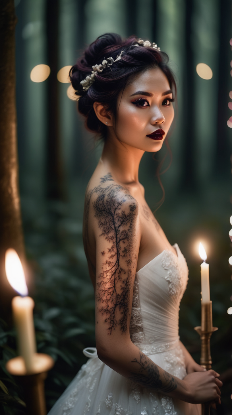 Beautiful Vietnamese
woman, body tattoos, dark
eye shadow, dark lipstick, hair in a messy updo, wearing a gorgeous wedding dress,  dreamy bokeh, standing in front of elaborate candlelit forest wedding, photorealistic, very high detail 