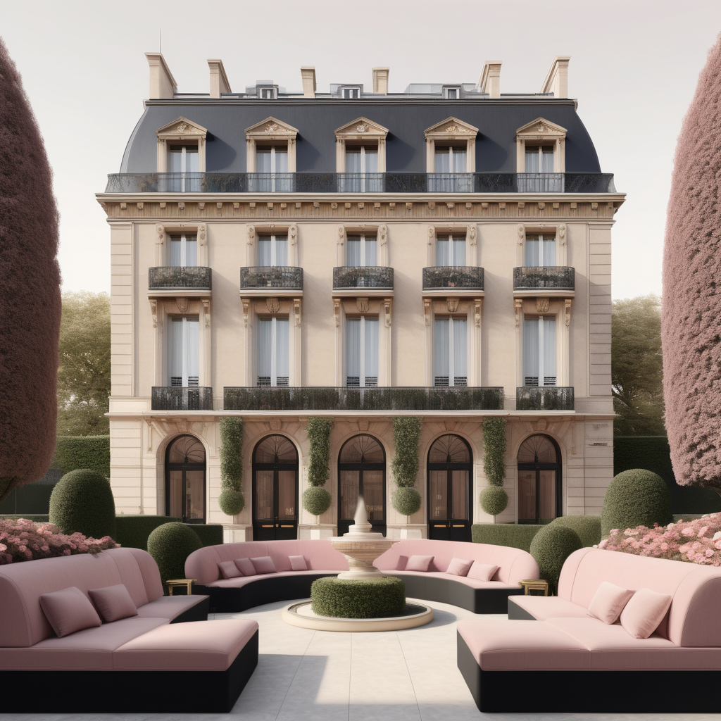 A hyperrealistic image of a palatial modern Parisian hotel building in a beige, oak, brass, black and dusty rose colour palette with beautiful gardens
