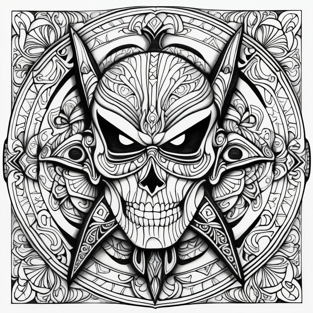 adult coloring page, black & white, strong lines, high details, symmetrical mandala, evil gothic puppet master