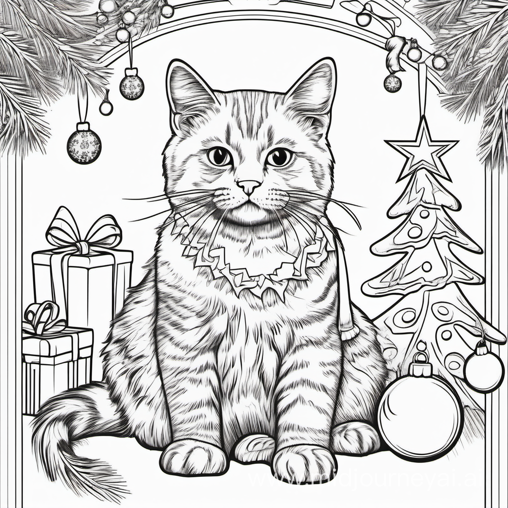 coloring book page cat christmas