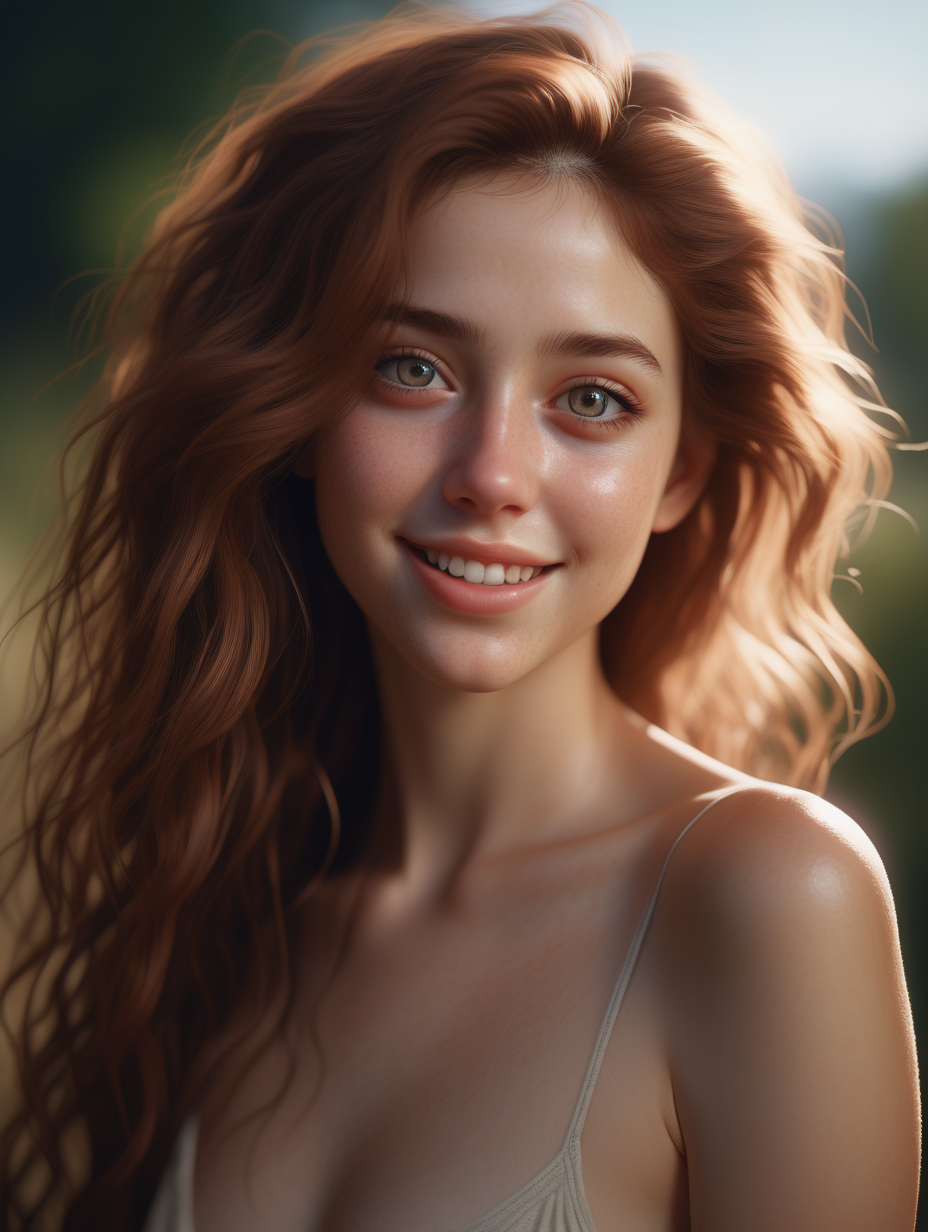 A stunning and highly realistic outdoor portrait captured on 35mm film, showcasing a single slender WLOP, artgerm, anime female figure. SHE HAS BIG EYES, she has an addictive smile almost teasing, her face laughing , The image highlights the exquisite intricacies of her natural skin. Her captivating eyes with long curled lashes draw you in, while her wavy, chestnut hair adds a touch of warmth to the composition. Although the subject is portrayed in a full body pose, she is depicted without any clothing, her bare skin glistens, embracing her vulnerability. shot on Leica M6 with Leica 75mm F1. 25 Noctilux lens, atmospheric extremely detailed 8K, high resolution, ultra quality, glare, Iridescent, Global illumination, realistic light, realistic shadow, hd, 2k, 4k, 8k, 16k, The photorealistic rendition of this piece is executed with such precision that every subtle detail, from the texture of her skin to the way light plays upon it, is flawlessly captured.