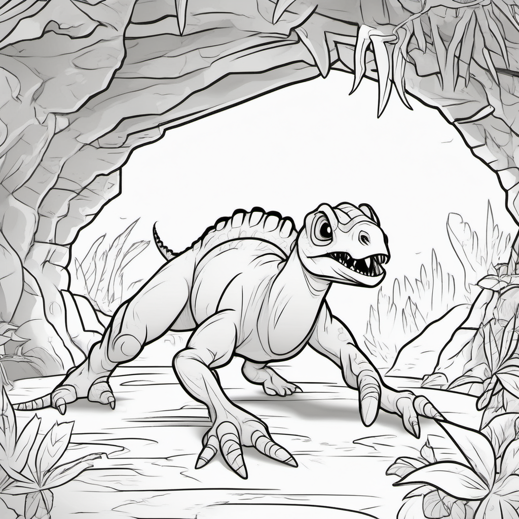 A dinosaur spider, in a cave, coloring book pages