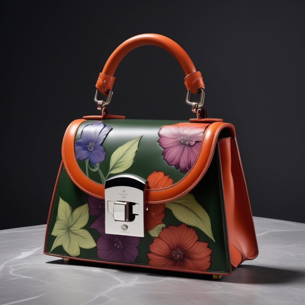 Botanical inspired luxury small leather bag - one handle - innovative shape - metal buckle - frontal view - contrast colors 