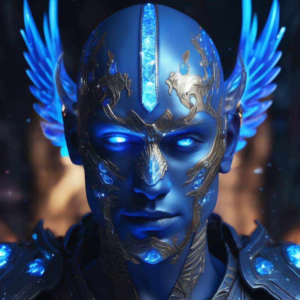 Glowing blue skin with tattoos bald smooth head