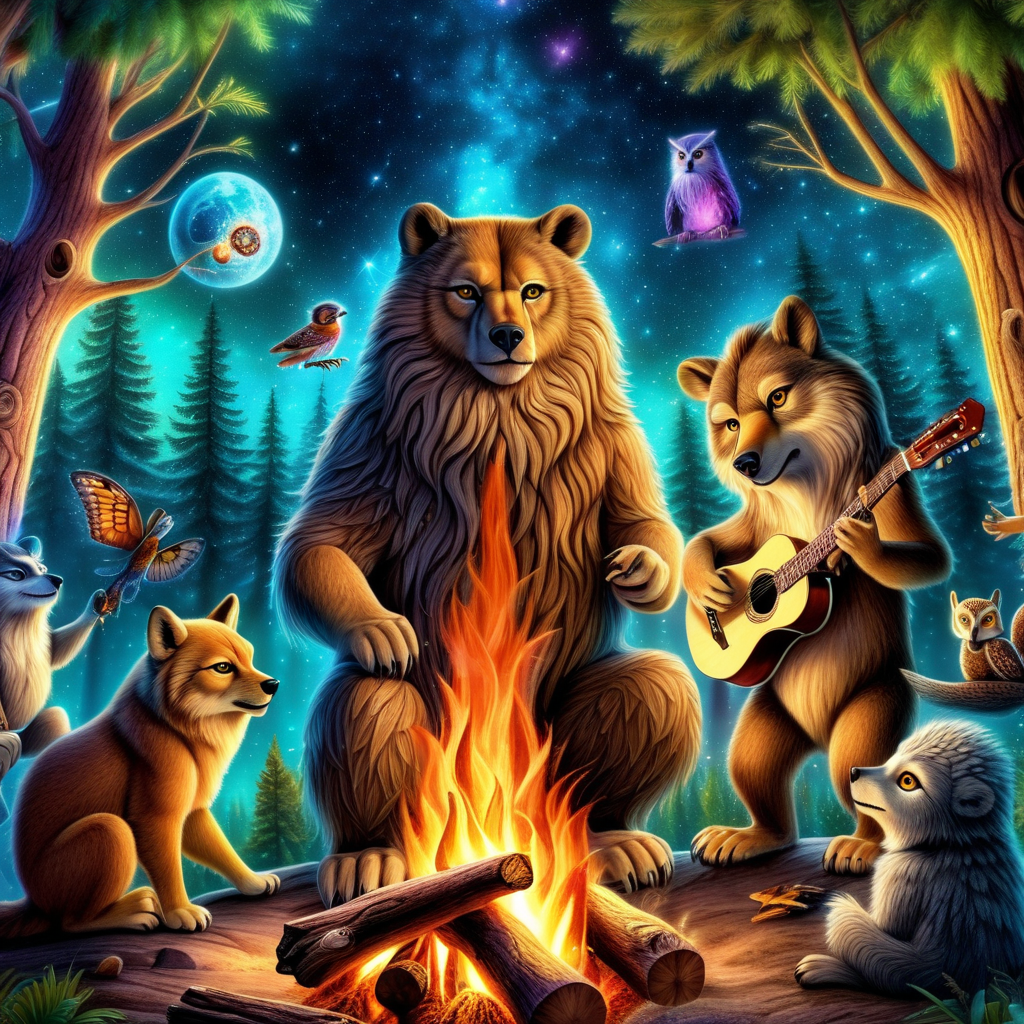 woodland creatures playing music campfire lion bear wolf owl cosmic galactic loving kind family friendly dmt 4k 

