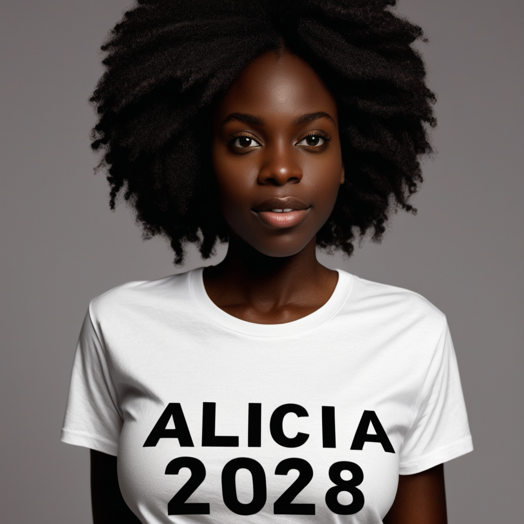 Dark skinned Black woman in a t-shirt with the words "Alicia 2028" on the shirt 