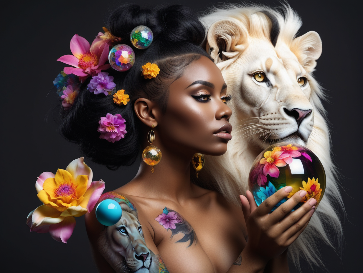 abstract exotic black Model with soft colorful flowers the colors leak into her hair. 
 add She is holding a toy top in gold
she is looking at realistic white 
lion
 5 crystal balls floating in the air
add tattoos on her arms and shoulder