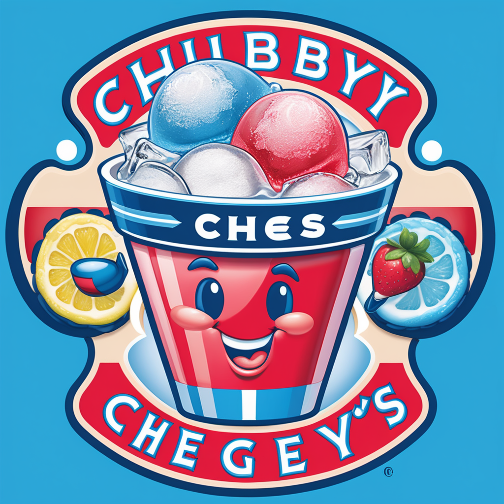 Creat an image of a stylized 3 dimensional emblem with resemblance to a badge or seal. The emblem features the company name “Chubby Cheeks Iceys” in bold raised lettering. The central image is an image of s red and blue italian ice in a clear cup and one lemonade 