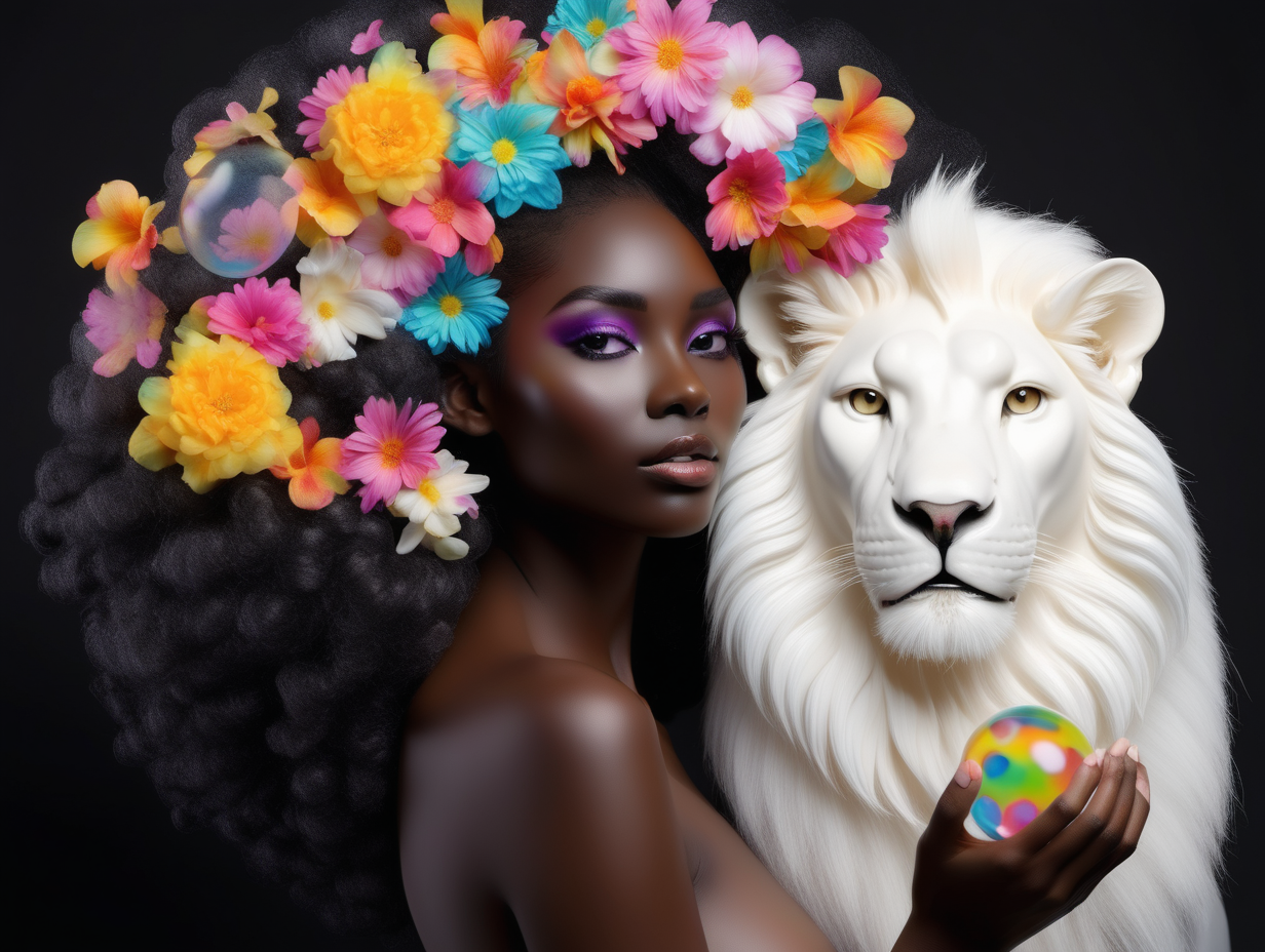 abstract exotic black Model with soft colorful flowers that blend into her hair. 
She is holding a toy top
she is looking a realistic white 
lion
Bubbles floating in the air