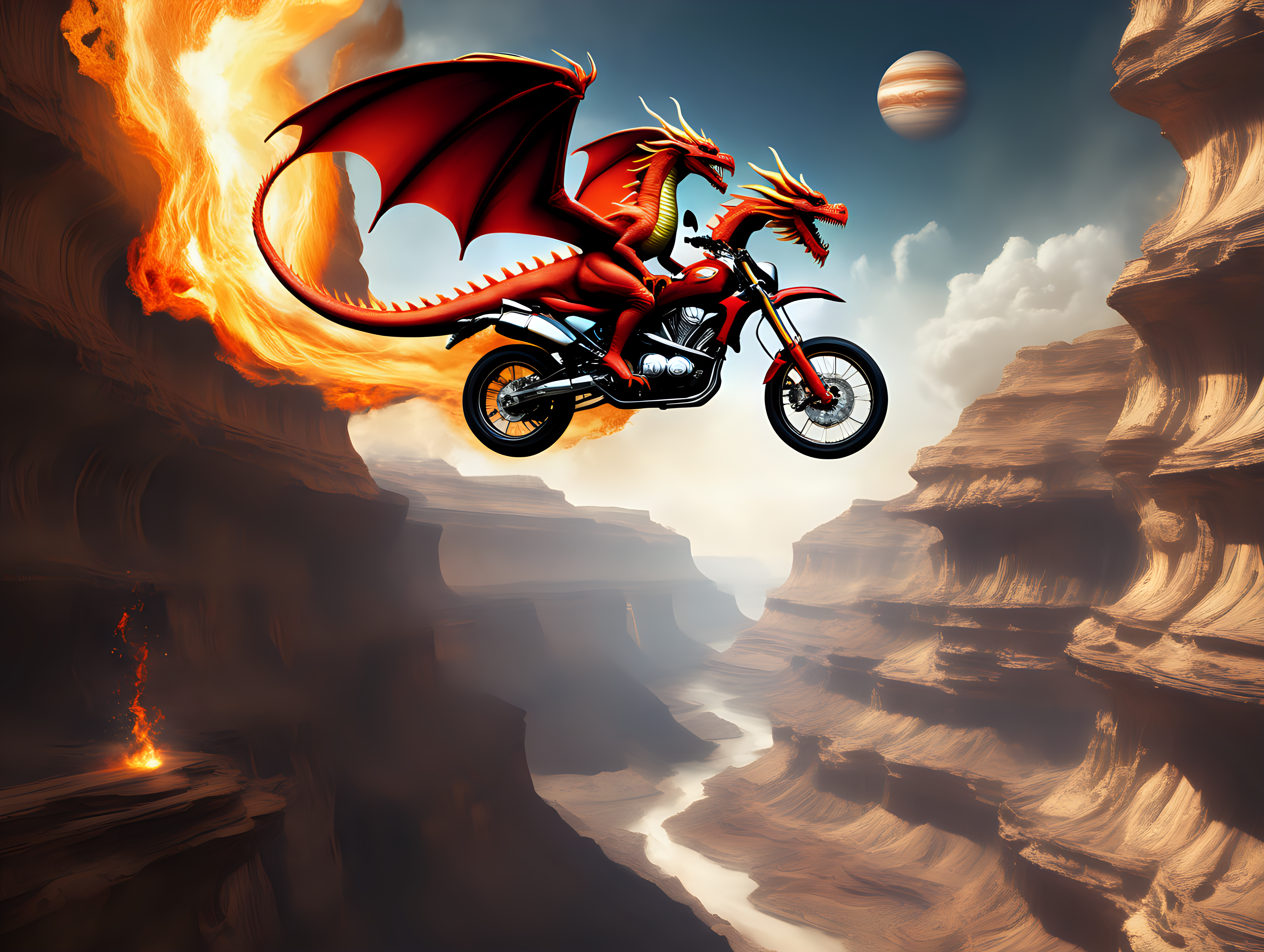 Motorcycle  jumping a canyon on Jupiter chased by a fire breathing dragon