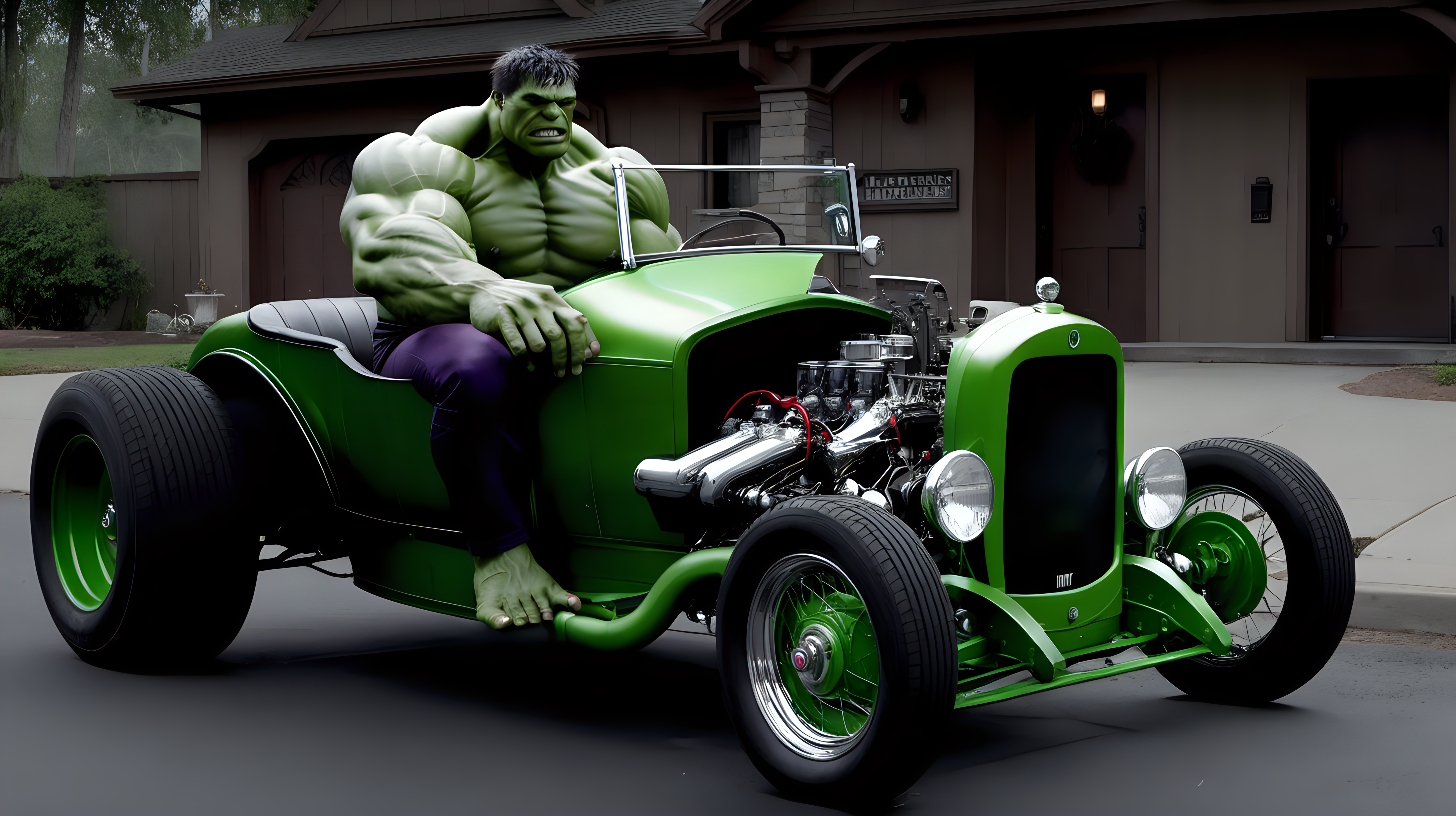 The Hulk sitting on a 1920's roadster