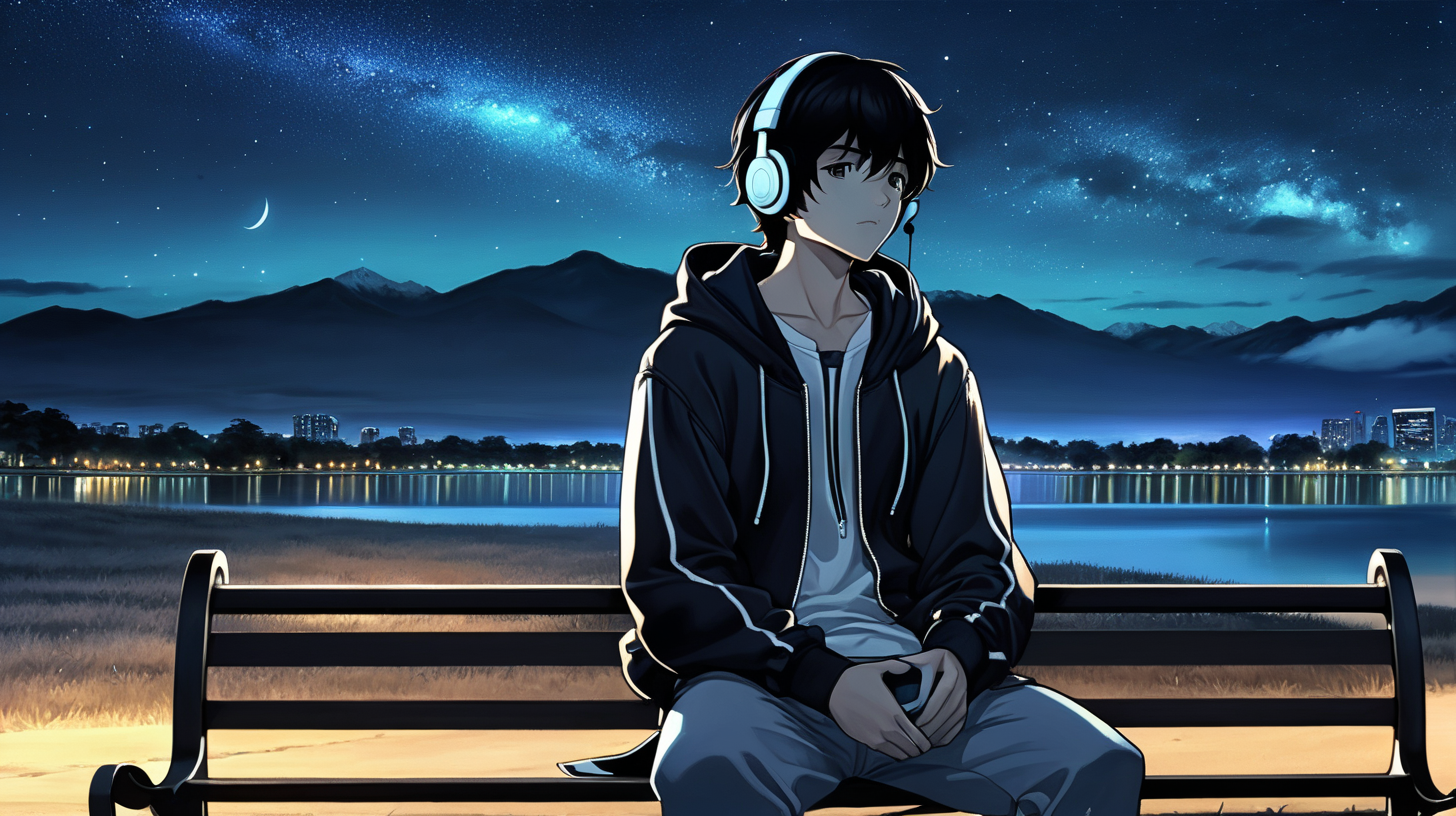 Late one night, handsome anime young boy, black hair, sitting alone on a park bench, using a headset, modern clothes, background with a beautiful night sky, simple full color, high quality, lively eyes, dark, gloomy, dark color, in room, natural eyes,