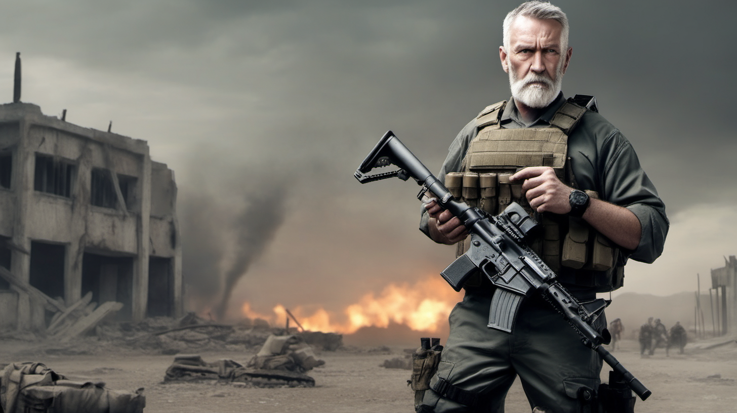 older guy with a mostly grey short beard and short military haircut holding an assault rifle in an apocalypse