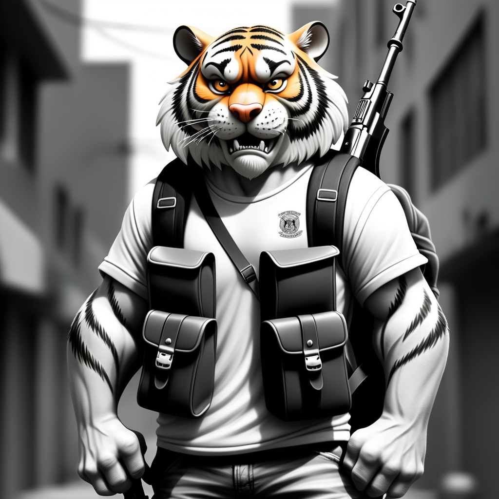 draw a street gangster siberian tiger wearing a backpack while holding an ak 47 in black and white