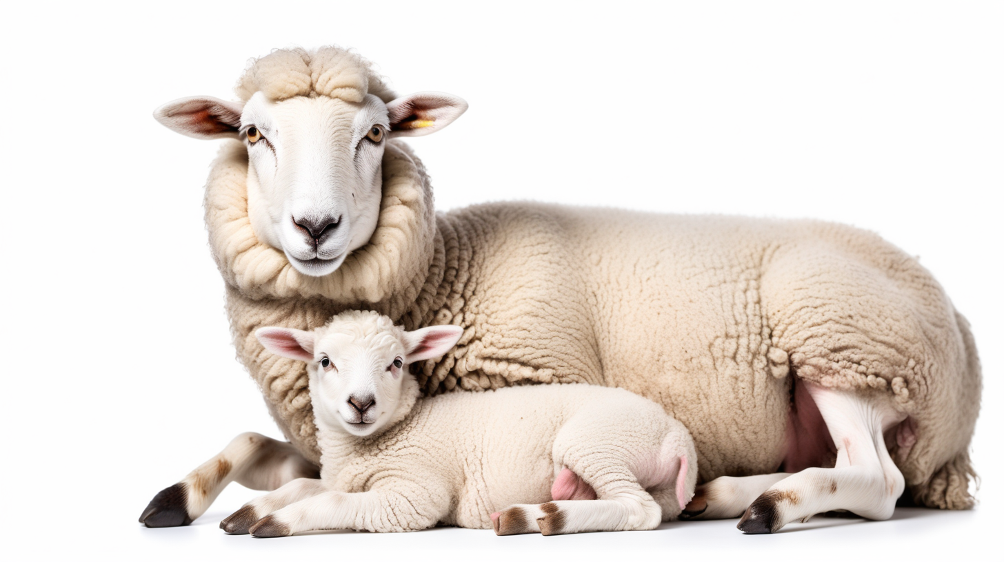 heathty sheep and baby sheep on white background, isolated on white background