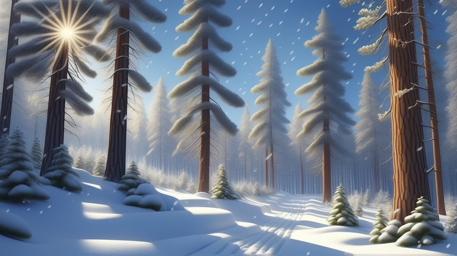 В лесу зима,  солнце светит ярко на синем небе, падает снег , снежинки кружатся в воздухе и ложатся на деревья высокие сосны, ели, дубы  и  на землю, образуют огромные сугробы. бегут разные звери , оставляют свои следы