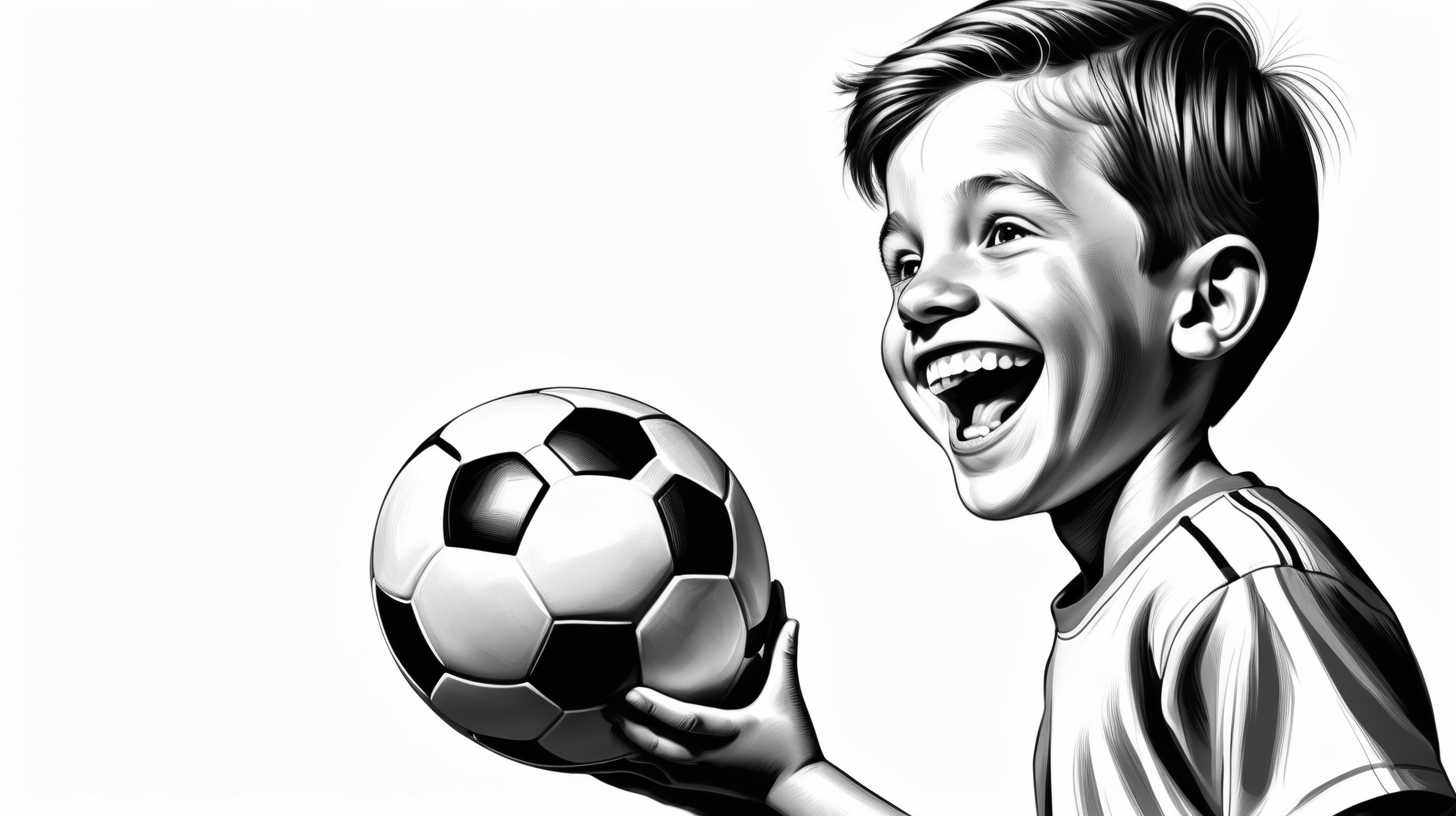 simple realistic black and white illustration of  healthy 10 year old boy. catching a football and a smile on his face.