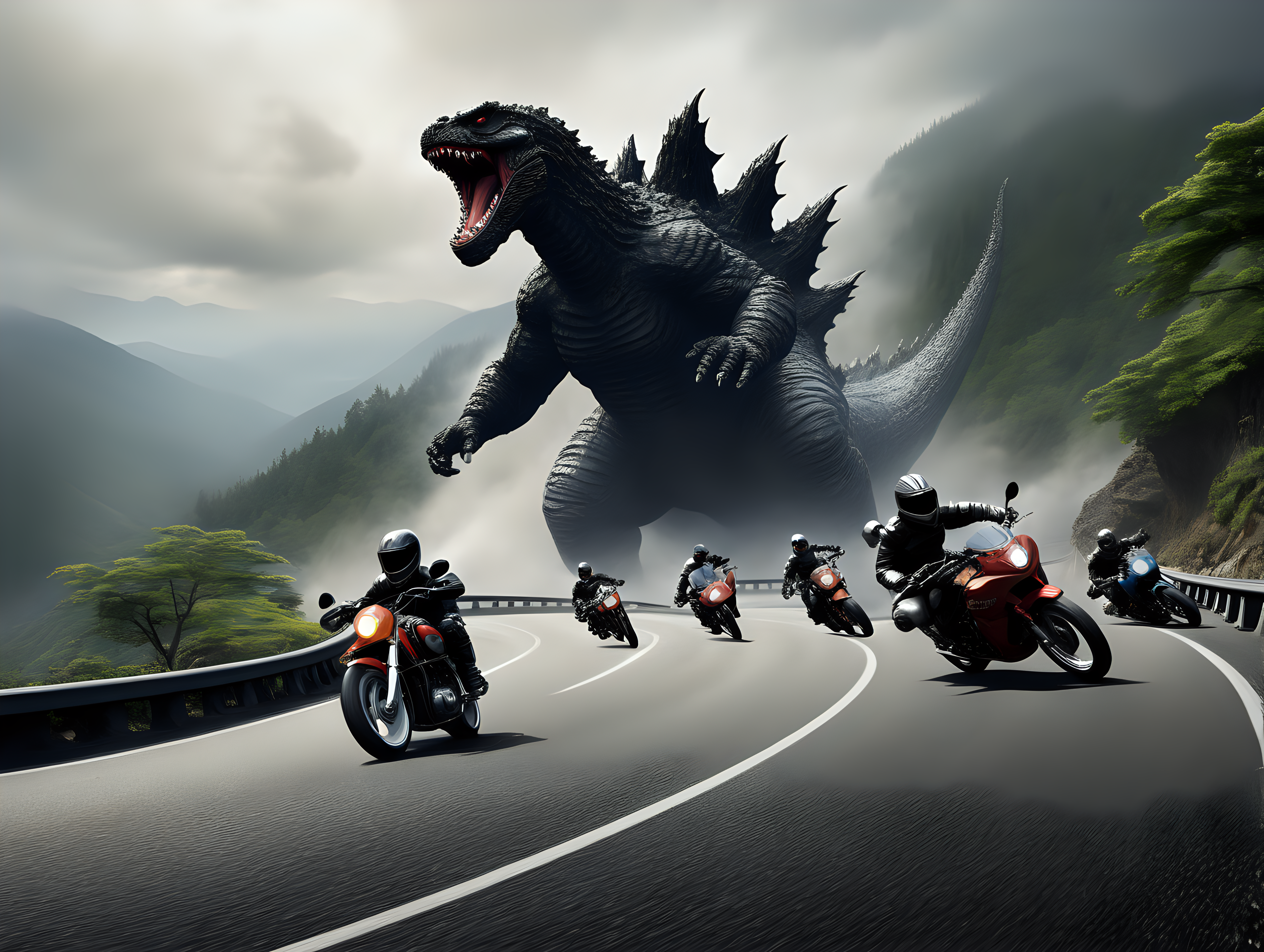 Motorcycles race on winding mountain road chased by Godzilla