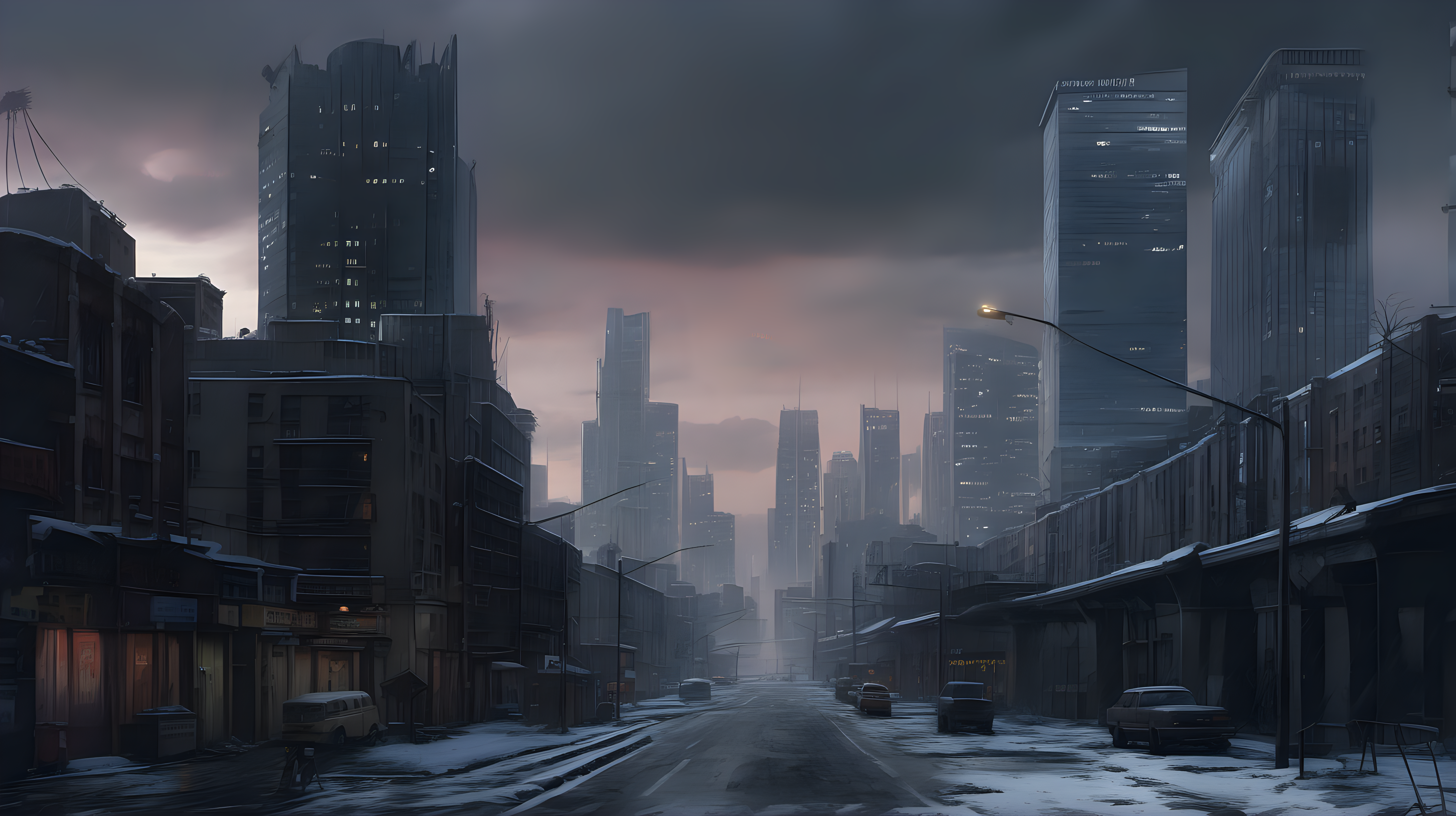 A deserted large city in winter at dusk, at ground level, skyscrapers all around, a cloudy sky, a street stretching into the distance.