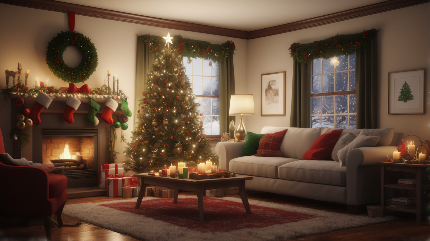 /imagine prompt: realistic, personality: [Illustrate a cozy living room adorned with Christmas decorations. The room exudes warmth and holiday cheer, with a beautifully decorated tree taking center stage. Soft, warm lighting casts a gentle glow on the scene, creating a cozy atmosphere. The camera captures the intricate details of the decorations, showcasing the festive spirit] unreal engine, hyper real --q 2 --v 5.2 --ar 16:9