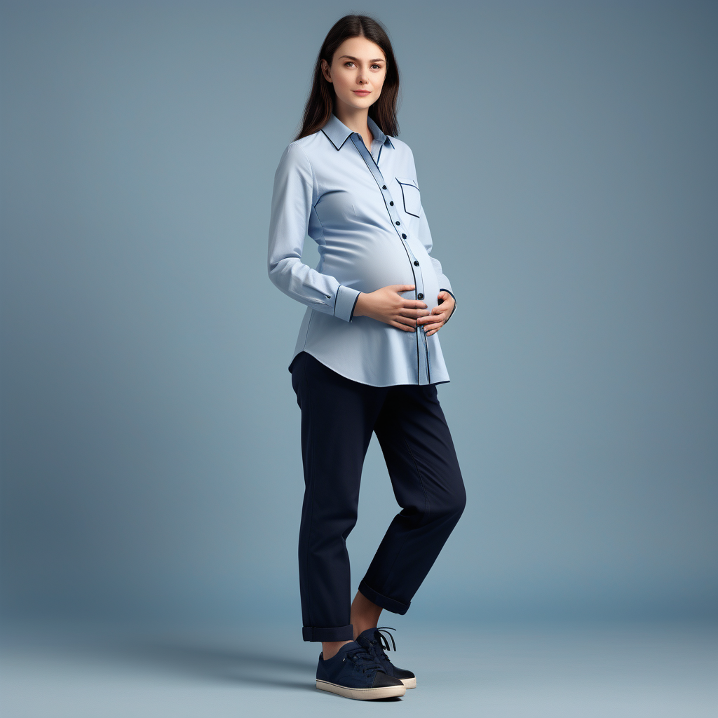 women pregnant shop seller, light blue long sleeve shirt, dark blue binding, light blue shirt button, navy classic pant, black sneaker, full body, grey background, fashion detail, 35 mm photography, modern design 