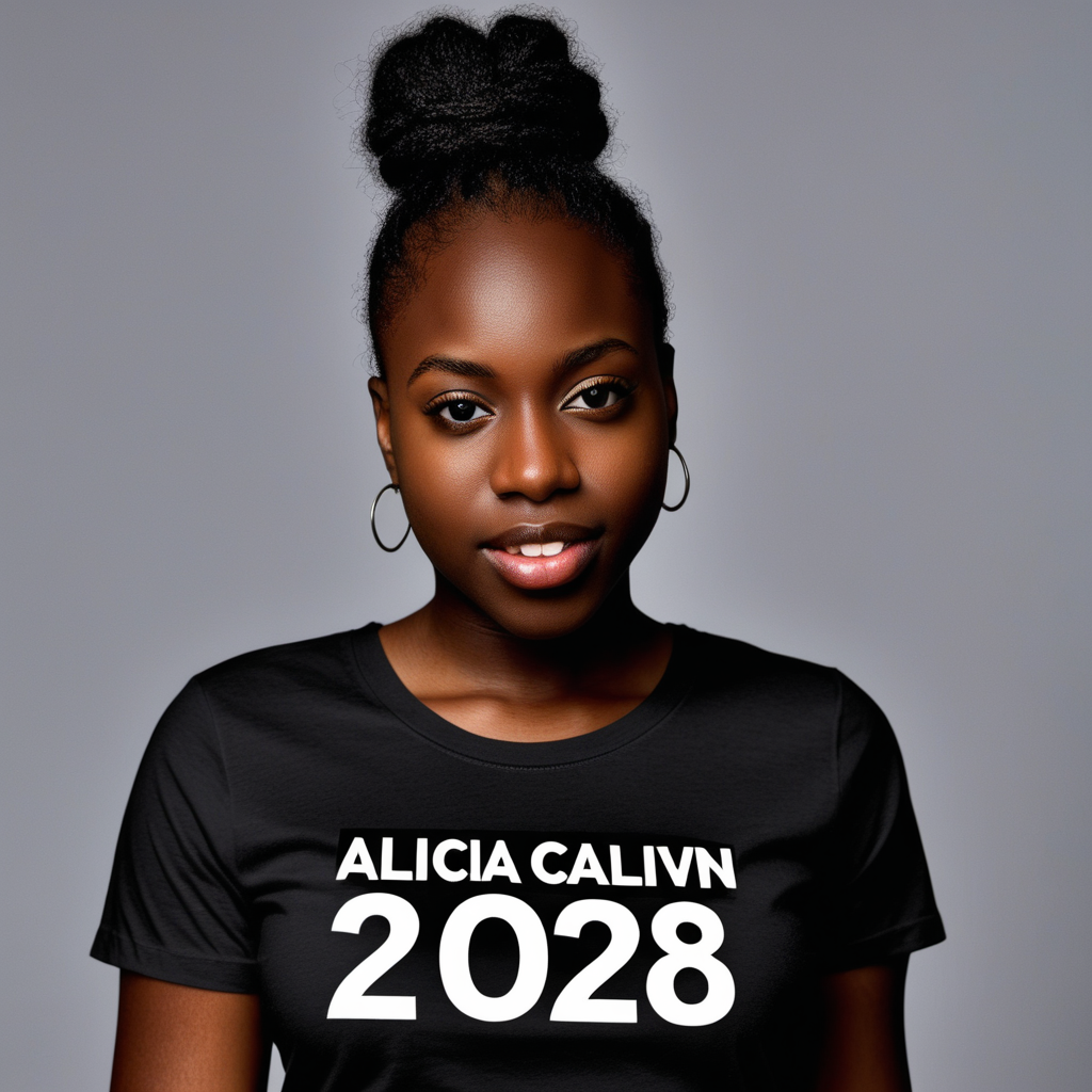 Dark skinned Black woman posing in a t-shirt with the words "Alicia Calvin 2028" on the shirt 