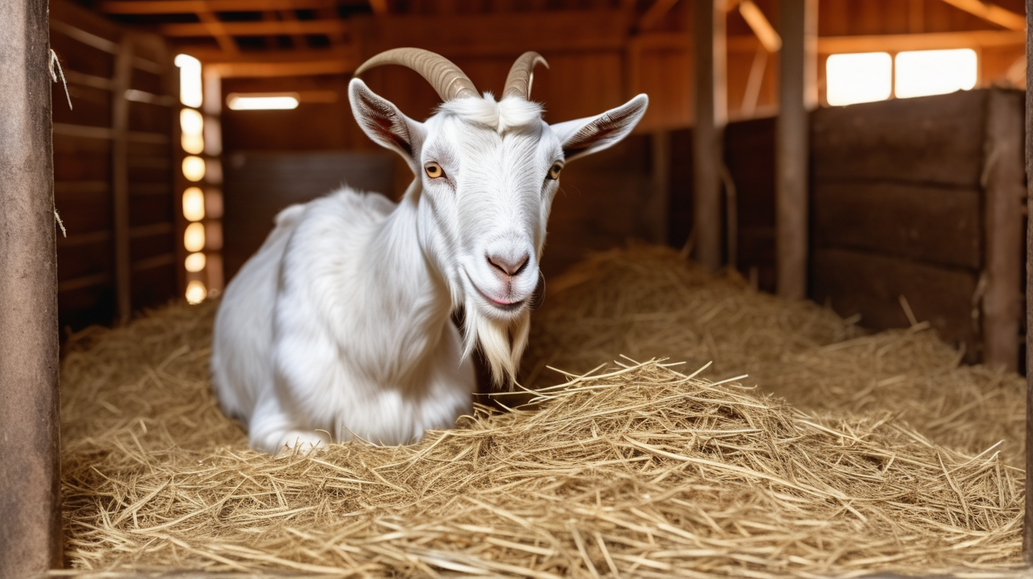 goat eating hay in stable farm barn isolated