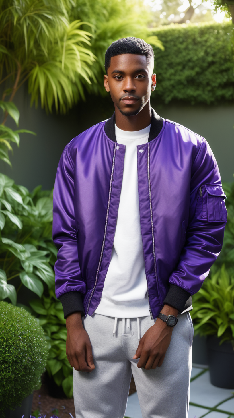 A handsome, young, Black man, wearing short, black hair, wearing a Purple, cut and sew, bomber jacket, standing against a lush garden background, Facing  the camera, wearing a blue dress shirt, wearing a white tee-shirt, wearing heather gray, loose fitting, sweatpants, lighting is over the left shoulder, from behind, pointing down, ultra 4k, render, high definition, light shadowing