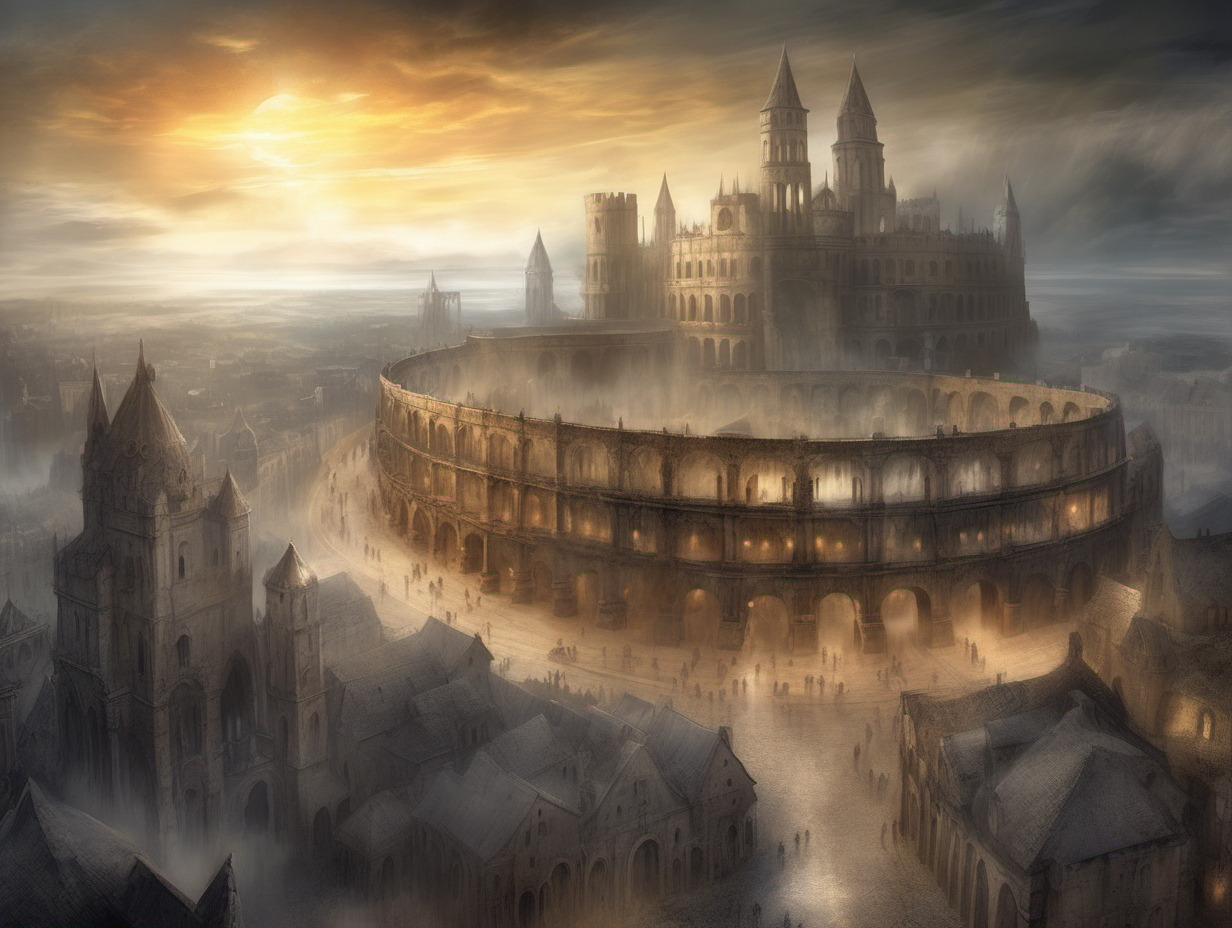 genera una ilustración de fantasía, estilo Luis Royo, de una ciudad medieval con un coliseo romano nuevo destacado en el centro y un castillo medieval al fondo, luz etérea del amanecer




