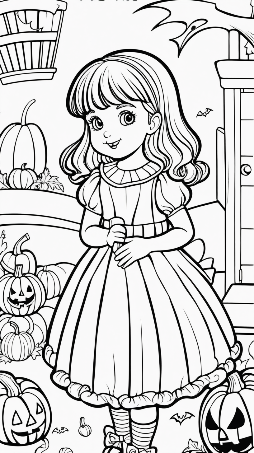 Cover of a children's coloring book: A little girl at a Halloween party, in full colors