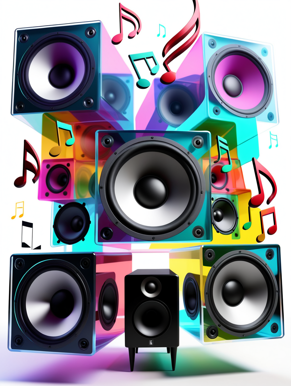 A colorful transparent image of speaker woofers with music notes surrounding it