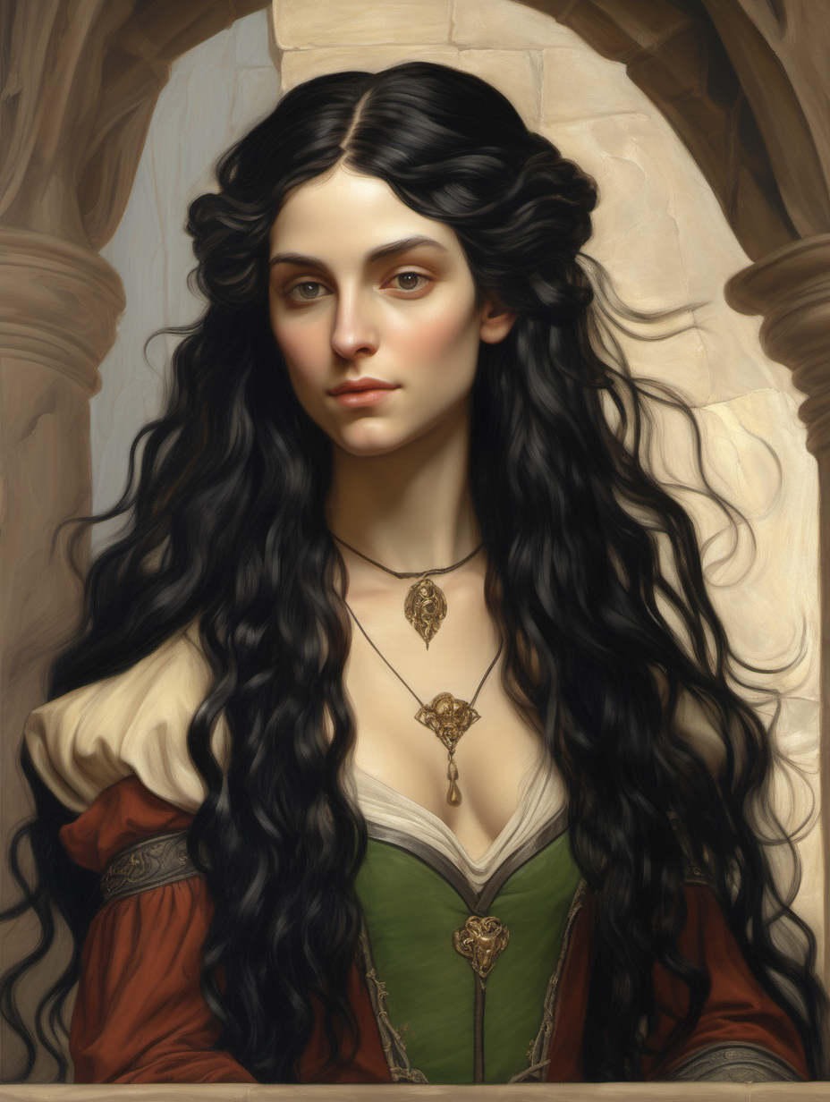 renaissance painting of a female elf with long wavy black hair.