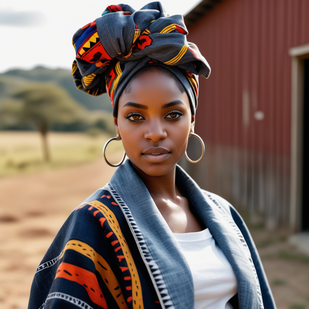 Beautiful Black woman with tribal paint on her eyes and forehead, wearing a multi color African headwrap and African print Skirt, cropped light Navy linen Barn coat with white stitching, wearing a white, selvage neck sweatshirt with a black fist on the front, wearing denim with African print material  inside the pockets,  Vibrant images that represent African heritage, In the sernegetti, looking to the left, holding a  black lamb, view looking straight at , 4k, high definition, high resolution, light source from above right
