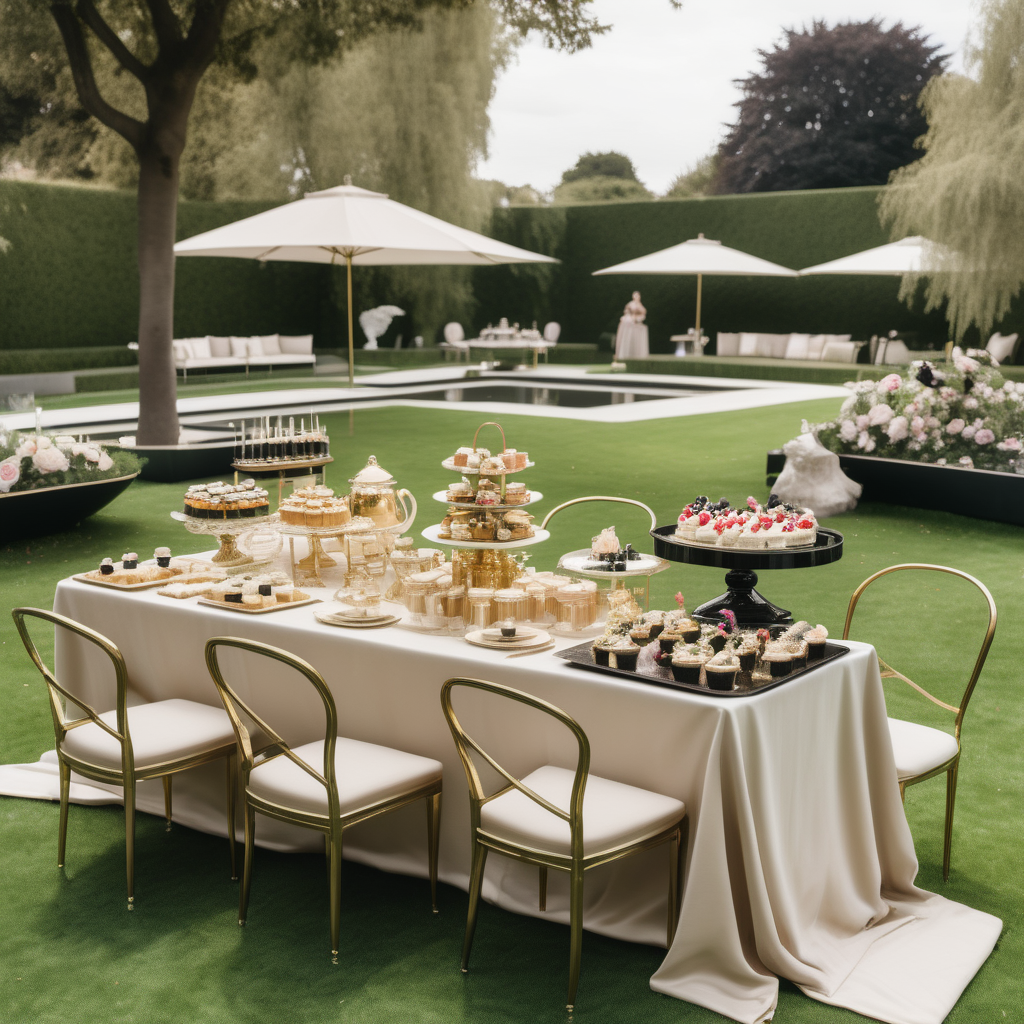 hyperrealistic modern Parisian garden tea party on sprawling lawns;  overlooking the sparklin pool; beige, oak, brass and black colour palette; buffet dessert table in the background

