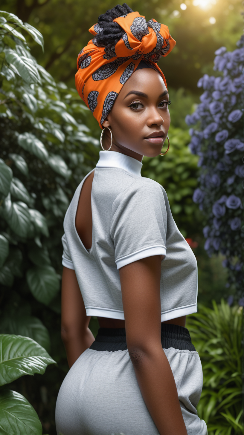 A beautiful, young Black woman, wearing short, black hair, wearing an  orange, African print head wrap, standing against a lush garden background, Facing toward the camera, wearing a white, ultra modern, nylon bomber, wearing a blue denim dress shirt, wearing a Heather Grey, white tee-shirt, wearing heather gray, loose fitting, sweatpants, lighting is over the left shoulder, from behind, pointing down ultra 4k render, high definition, deep shadows, in a garden of black roses