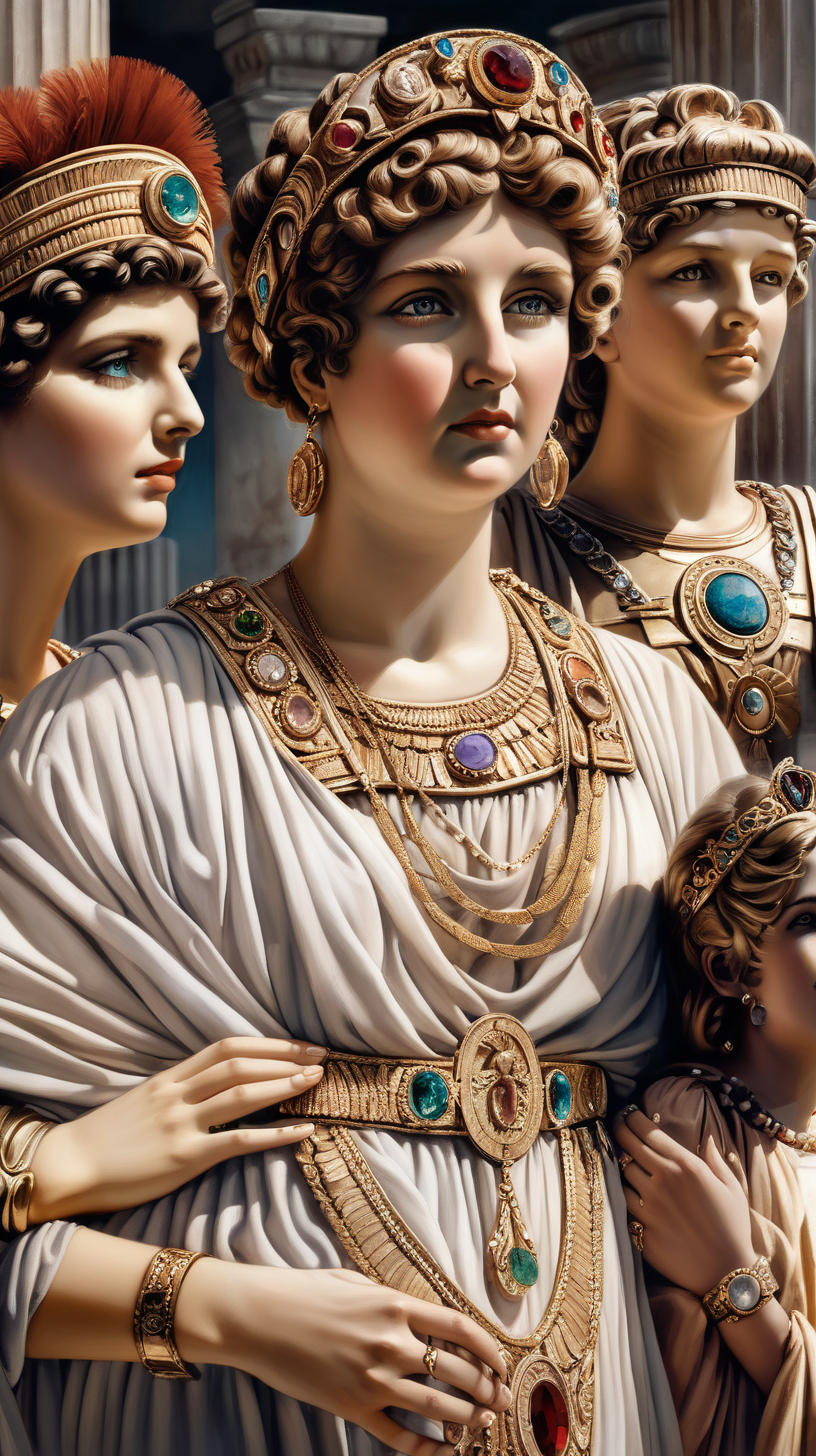3 ancient Roman ladies decorated with jewels surrounded