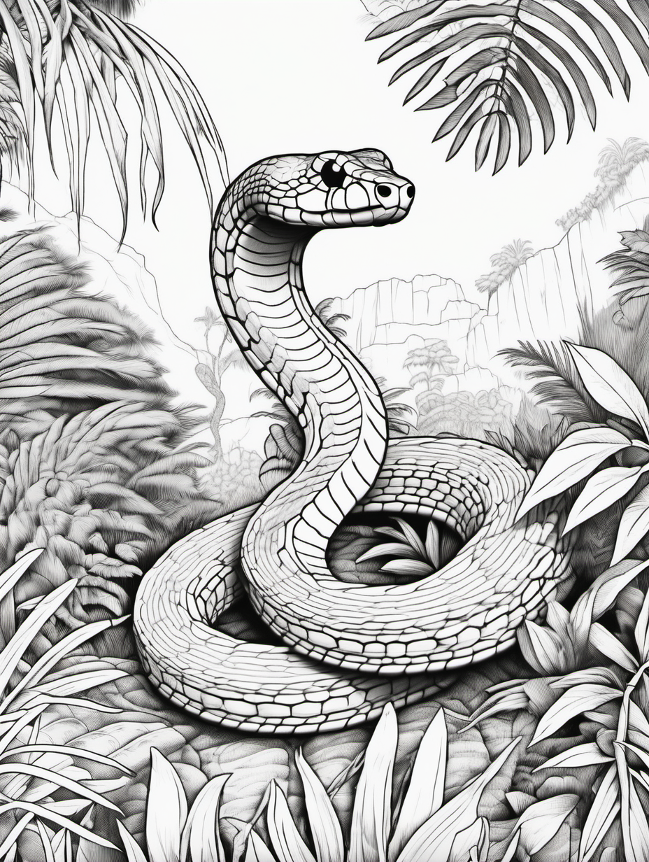 snake in jungle, coloring page, low details, no colors, no shadows