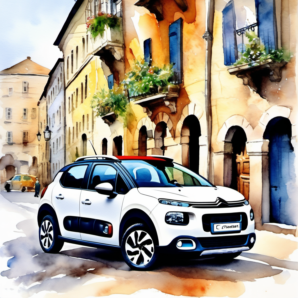 New Citroen C3 in the Stone street in the old City. Watercolor art