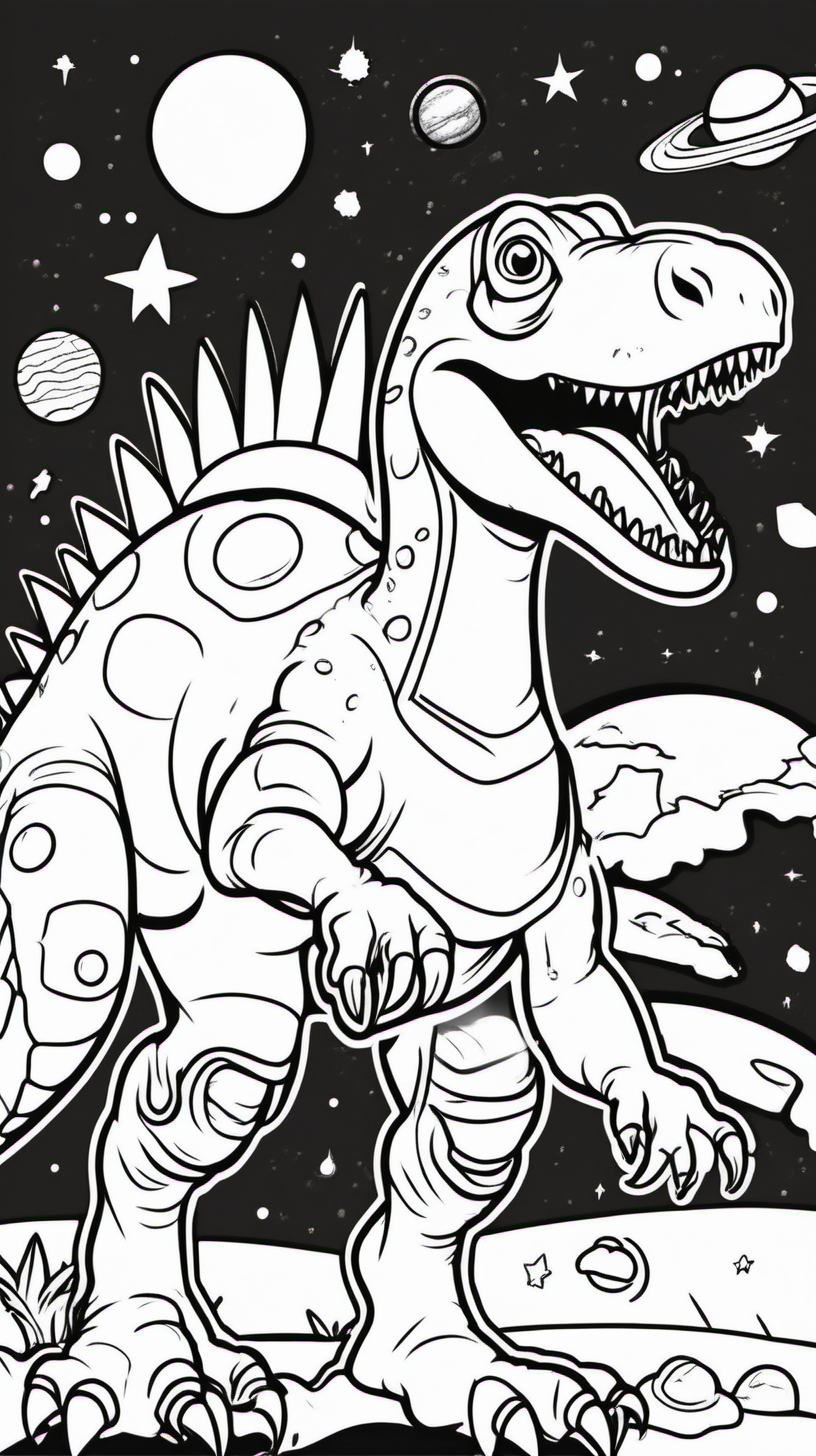 A funny coloring book for children about a dinosaur in space and planets. The background will be white and without shadows, and the drawing will be black with a thin line without shadows