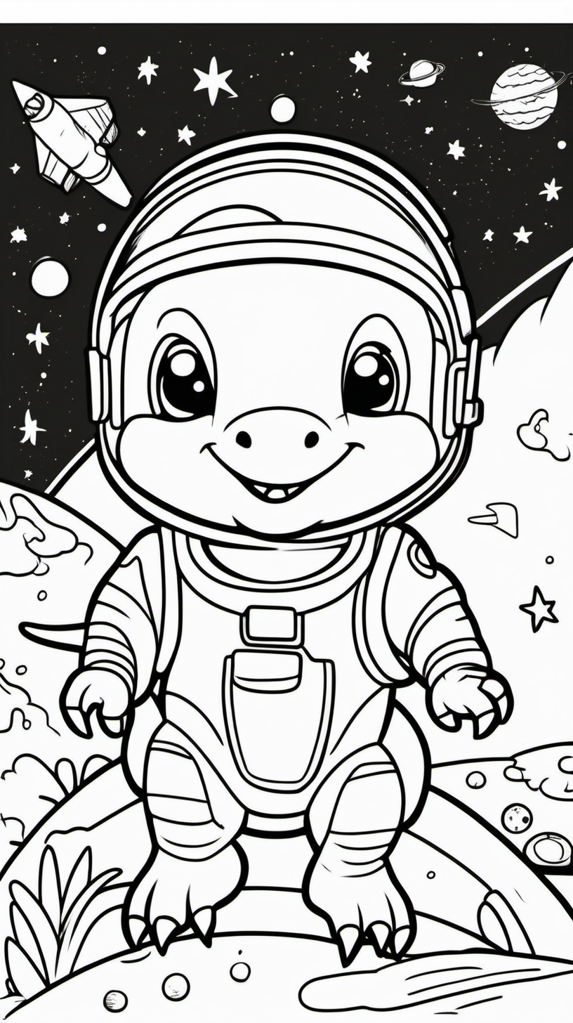 children's coloring book about a dinosaur in spacl with cut kid background white and cartoon style line draw black  no shadow 