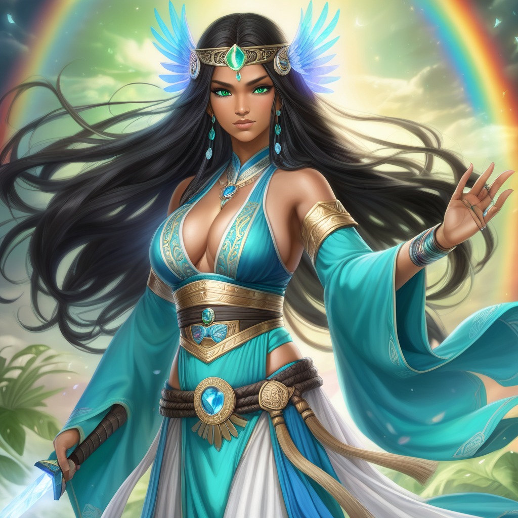 Seline the Goddess of light and love, and Crystal queen of indain decent, wings and rainbow power, samurai warrior and goddess with pure green blue eyes, black long hair to floor, powerful goddess of love, beautiful dress long, boobs,